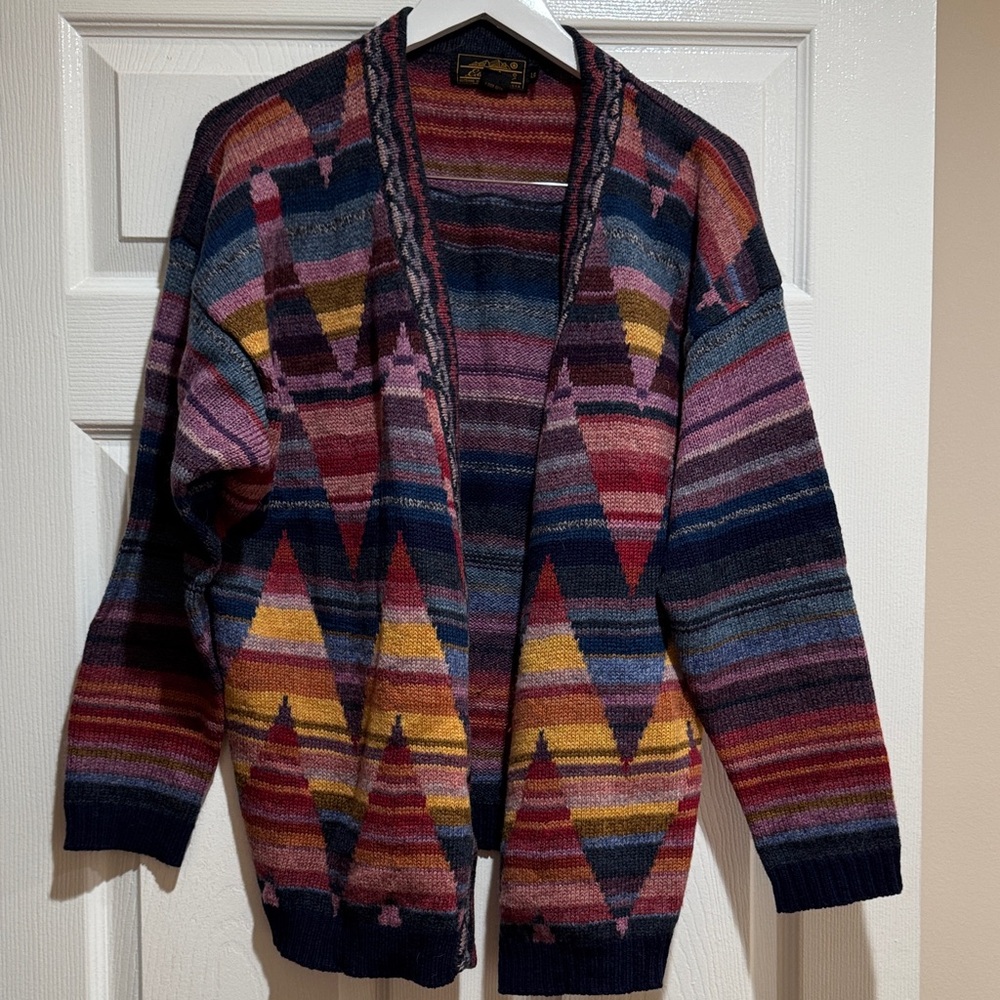 Eddie Bauer Multicolor Striped Open-Front Cardigan Navy Burgundy Mustard Large